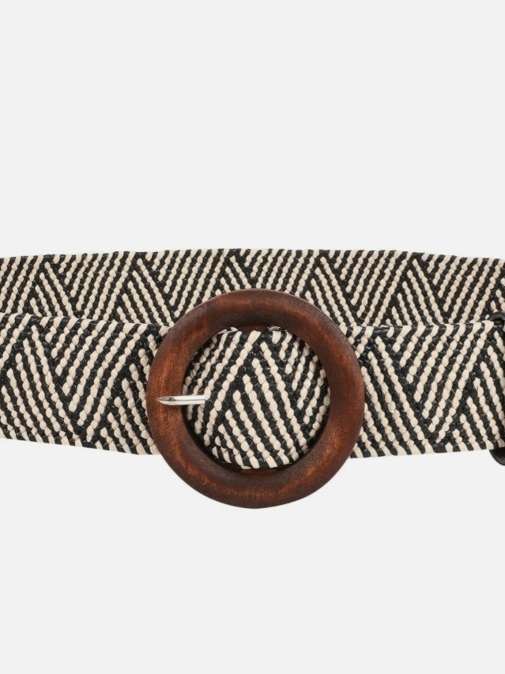 Black and Cream Straw Woven Geometric Pattern Belt with Round Wooden Buckle